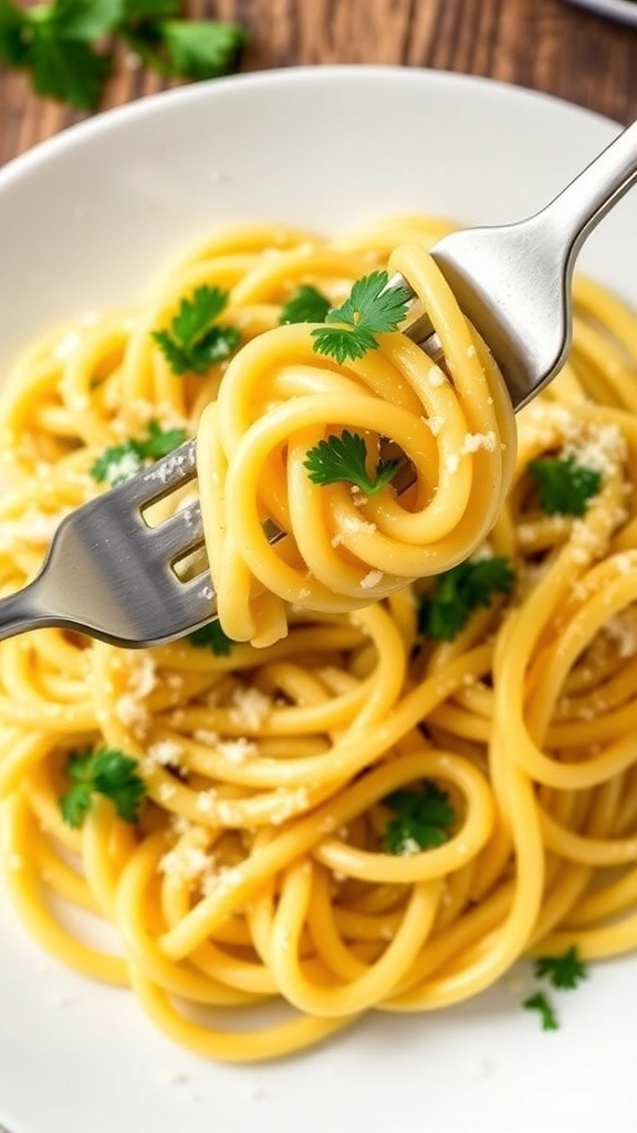 A serving of garlic butter noodles topped with Parmesan cheese and parsley on a rustic table.